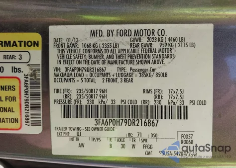 2013 Ford Fusion Se из США, поврежденный, VIN 3FA6P0H79DR216867